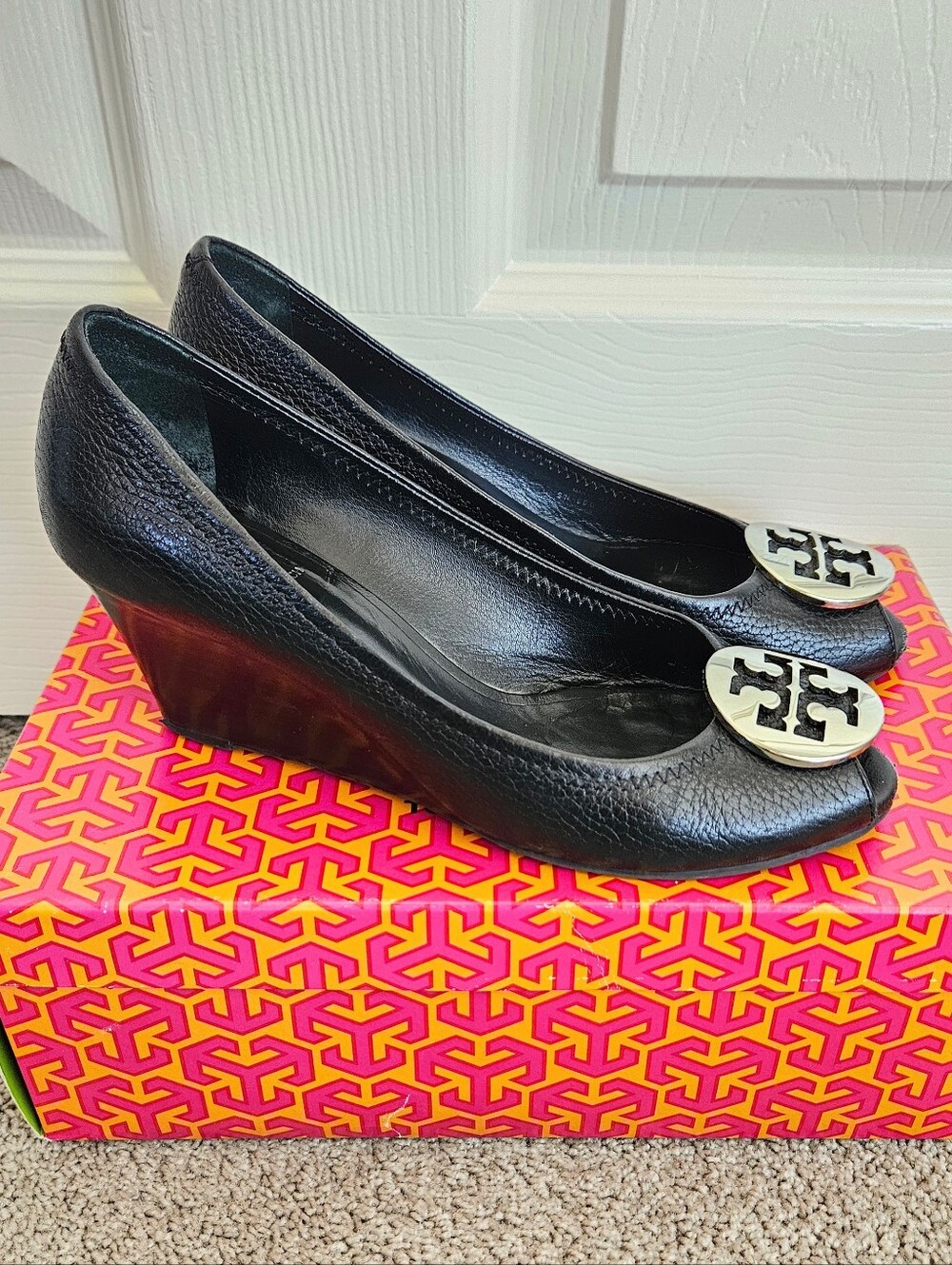 Tory Burch Black Leather Peep-Toe Wedges with Silver Logo Accent